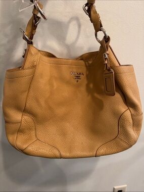 Prada Mustard-Tan Pebbled Leather Shoulder Bag